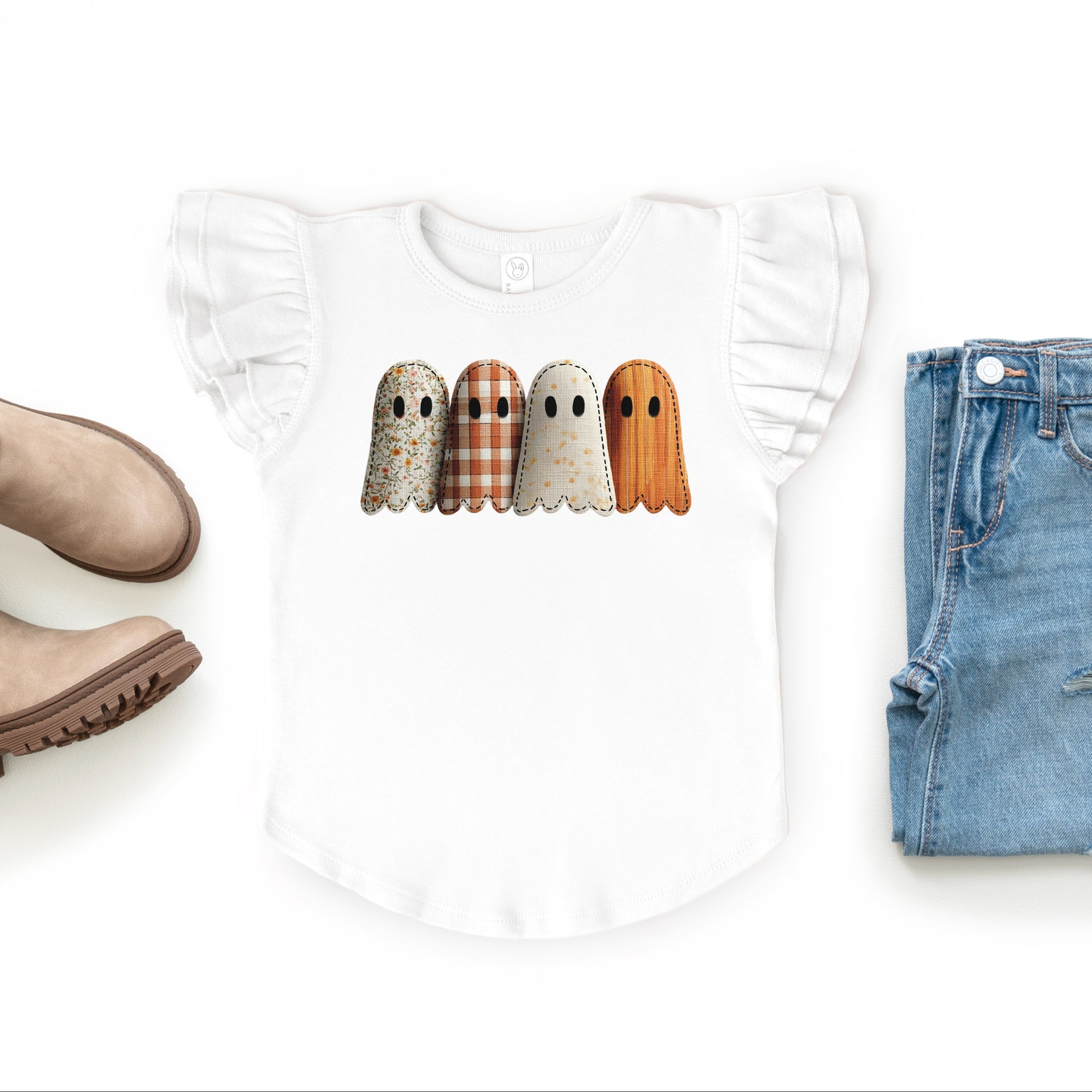 Four Ghosts Shadow Quilted Printed - Flutter Sleeve Graphic T-Shirt