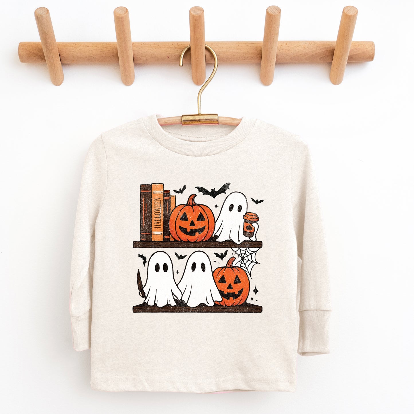 Halloween Bookshelf Ghosts - Toddler Long Sleeve Graphic Tee and Youth Long Sleeve Graphic T-Shirt