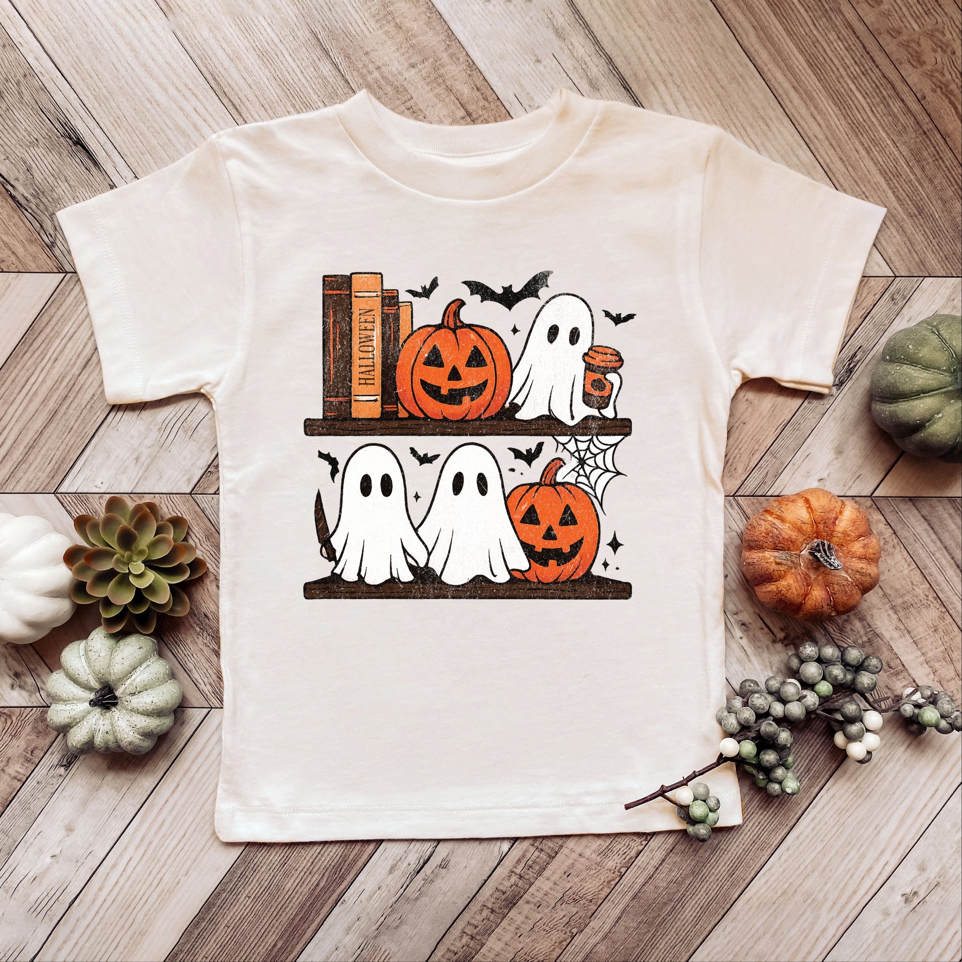 Halloween Bookshelf Ghosts - Youth Short Sleeve Graphic T-Shirt and Toddler Short Sleeve Graphic T-Shirt