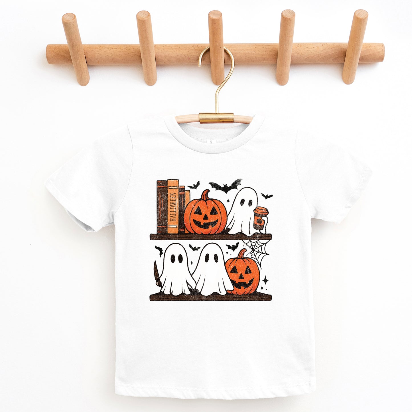 Halloween Bookshelf Ghosts - Youth Short Sleeve Graphic T-Shirt and Toddler Short Sleeve Graphic T-Shirt