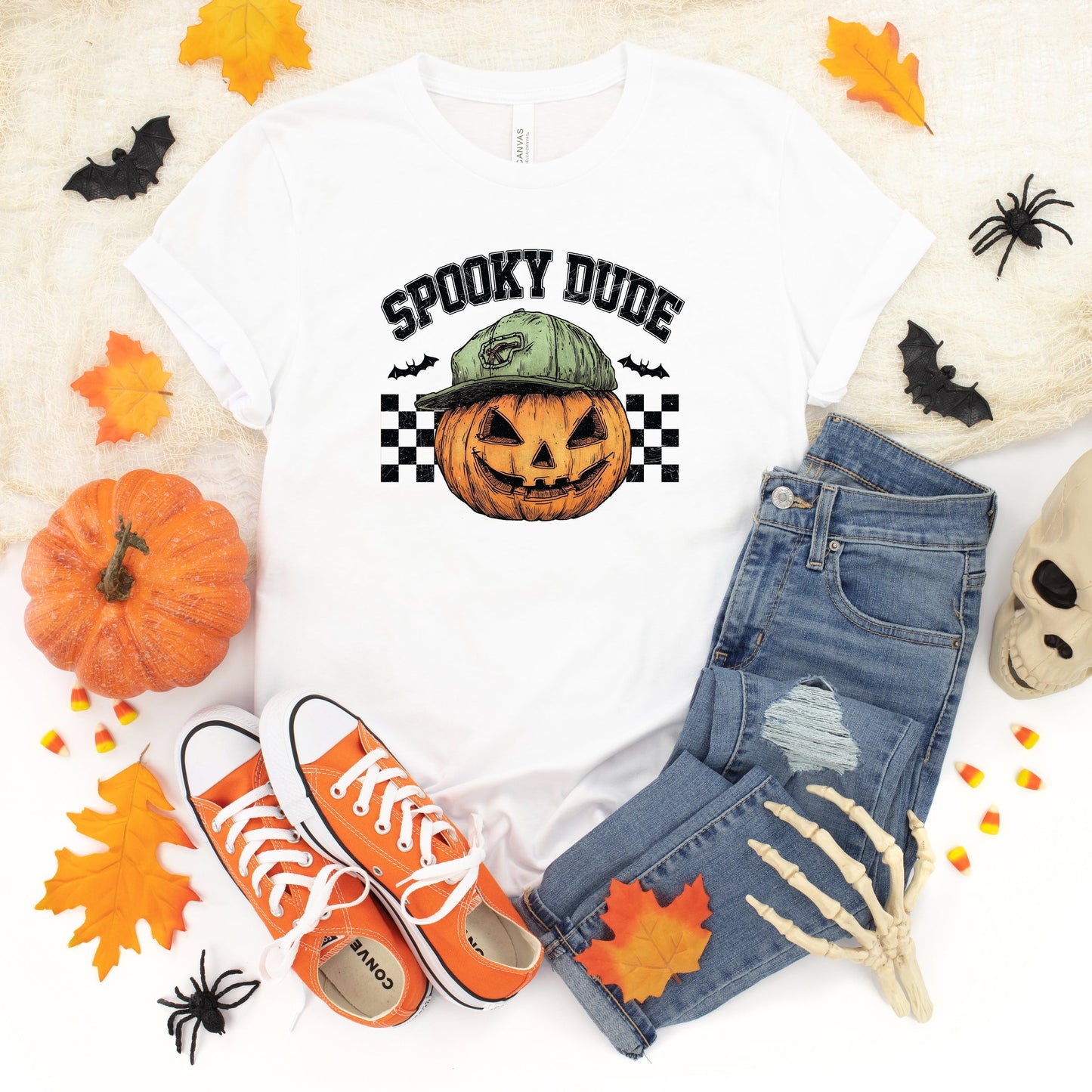 Spooky Dude Checkered Pumpkin - Youth Short Sleeve Graphic T-Shirt and Toddler Short Sleeve Graphic T-Shirt