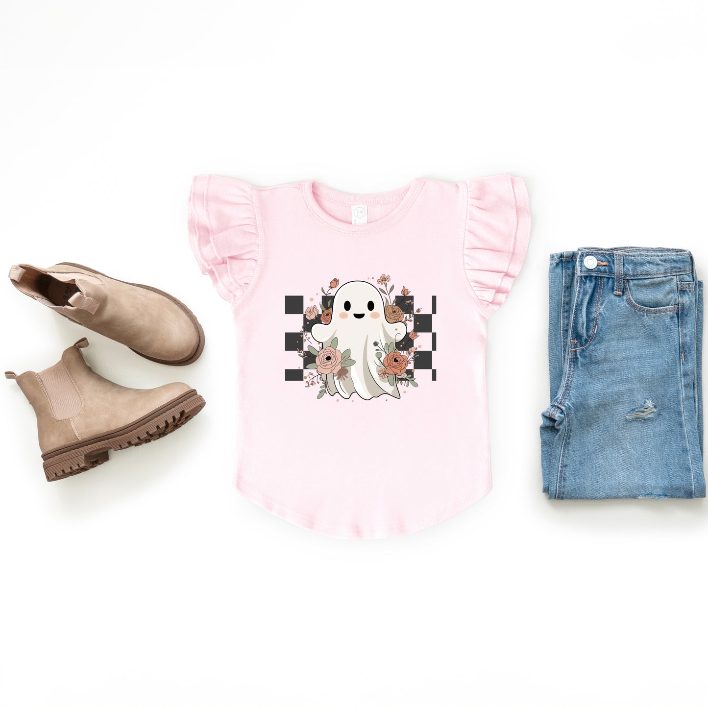 Checkered Ghost Rose - Kids Flutter Sleeve Tee