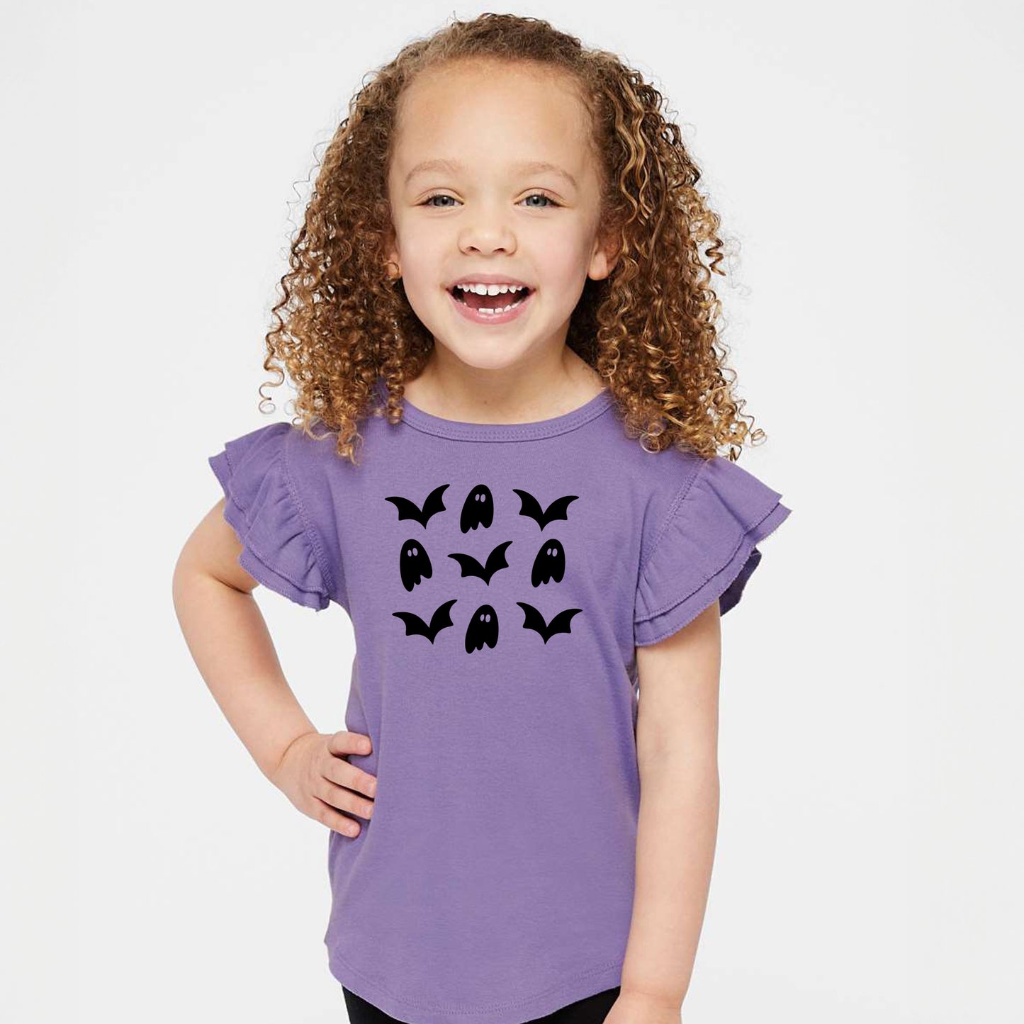 Ghosts and Bats Stacked - Kids Flutter Sleeve Tee