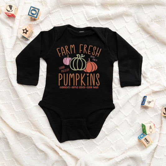 Colorful Farm Fresh Pumpkins | Baby Graphic Long Sleeve Onesie