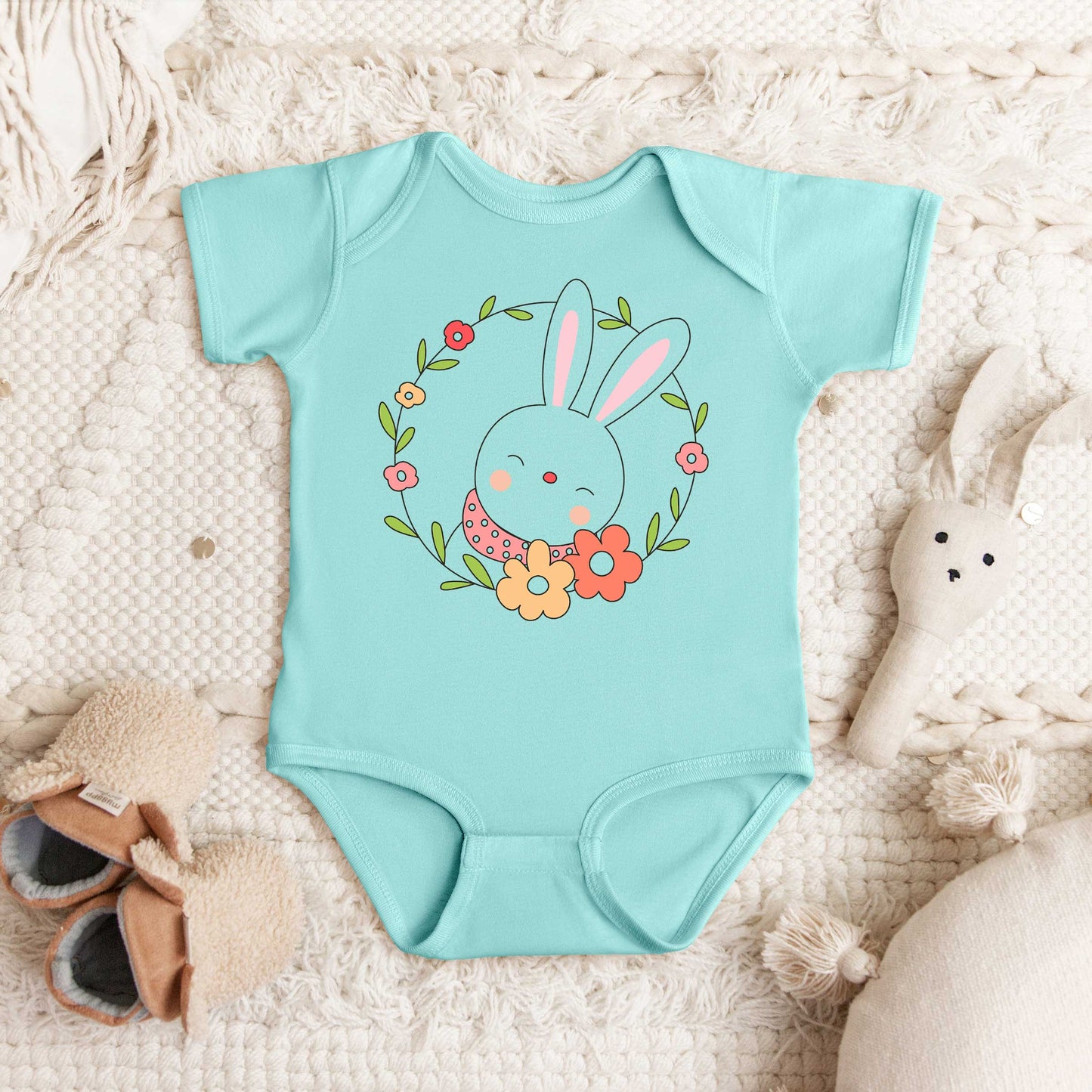 Easter Bunny Flower Wreath | Baby Graphic Short Sleeve Onesie