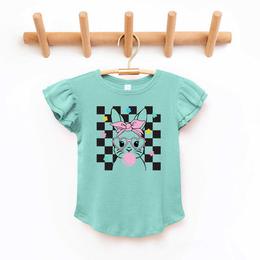 Checkered Groovy Bunny | Toddler Flutter Sleeve Crew Neck