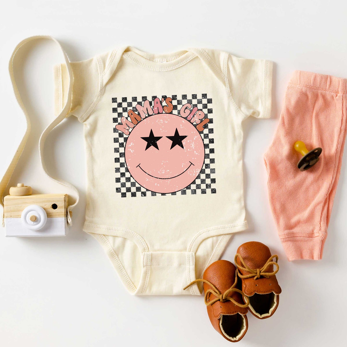 Mama's Girl Checkered Smiley Face | Baby Graphic Short Sleeve Onesie