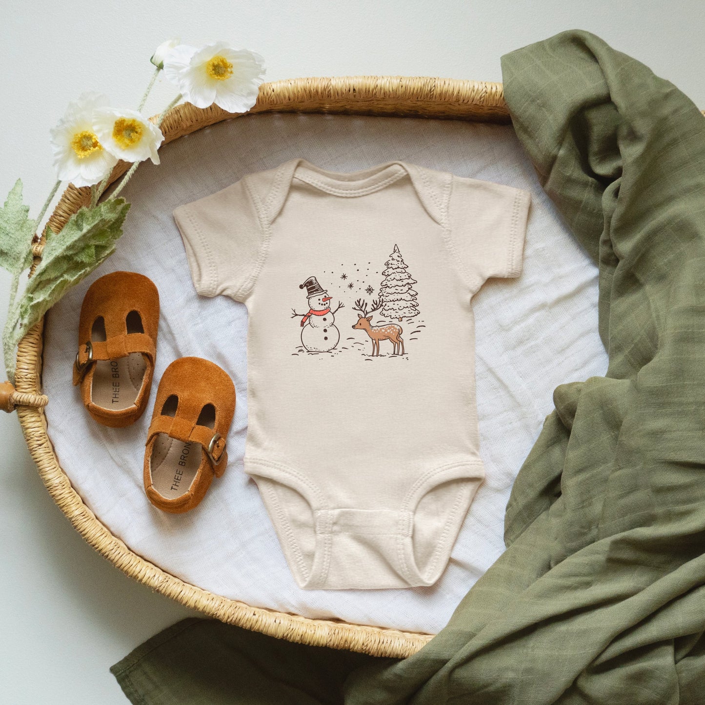 Deer Snowman Scene | Baby Graphic Short Sleeve Onesie