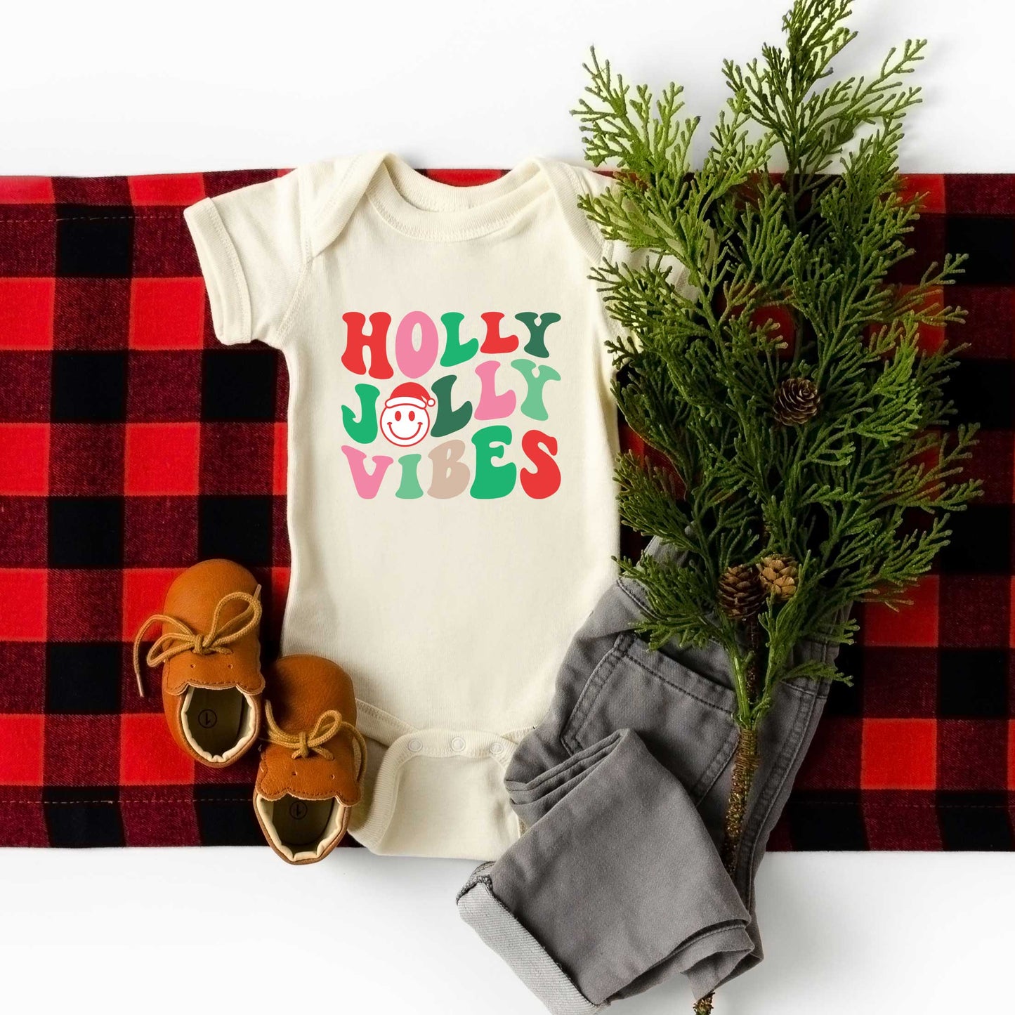 Holly Jolly Vibes Smile | Baby Graphic Short Sleeve Onesie