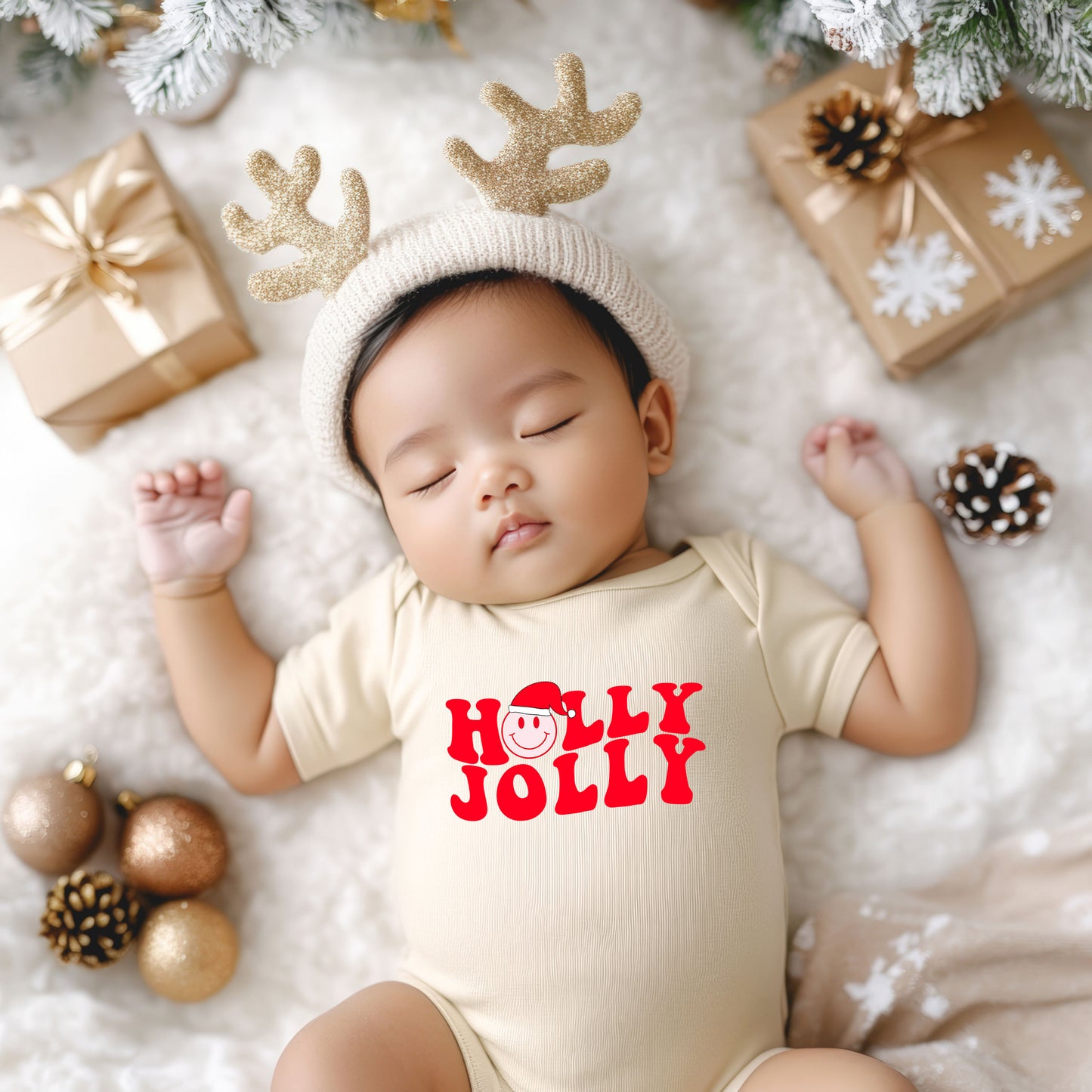 Holly Jolly Smiley Face | Baby Graphic Short Sleeve Onesie