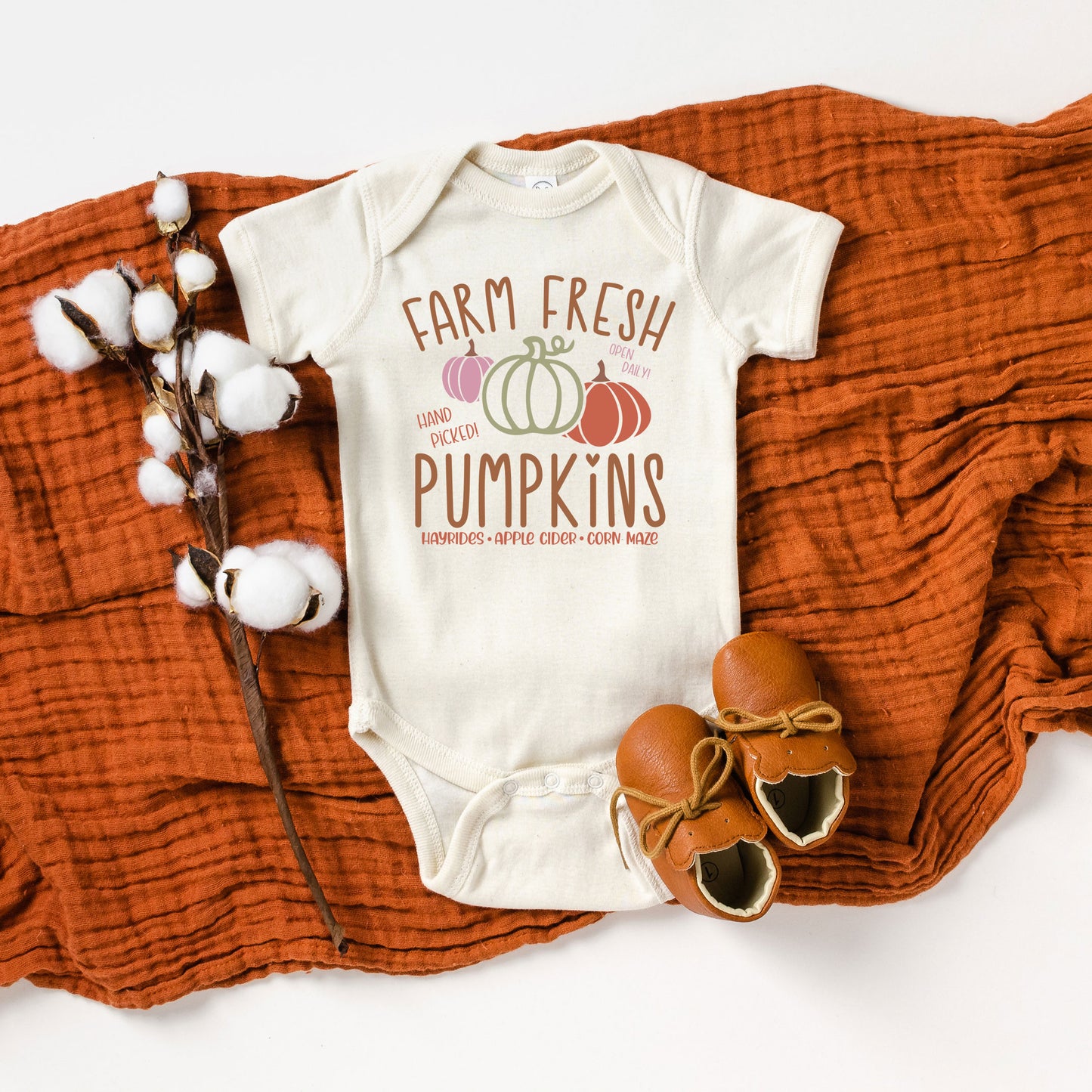 Colorful Farm Fresh Pumpkins | Baby Graphic Short Sleeve Onesie