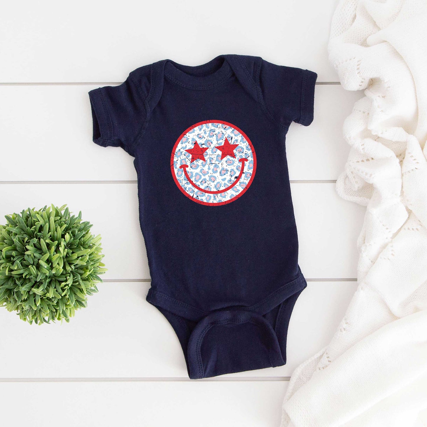 Leopard Patriotic Smiley Face | Baby Graphic Short Sleeve Onesie