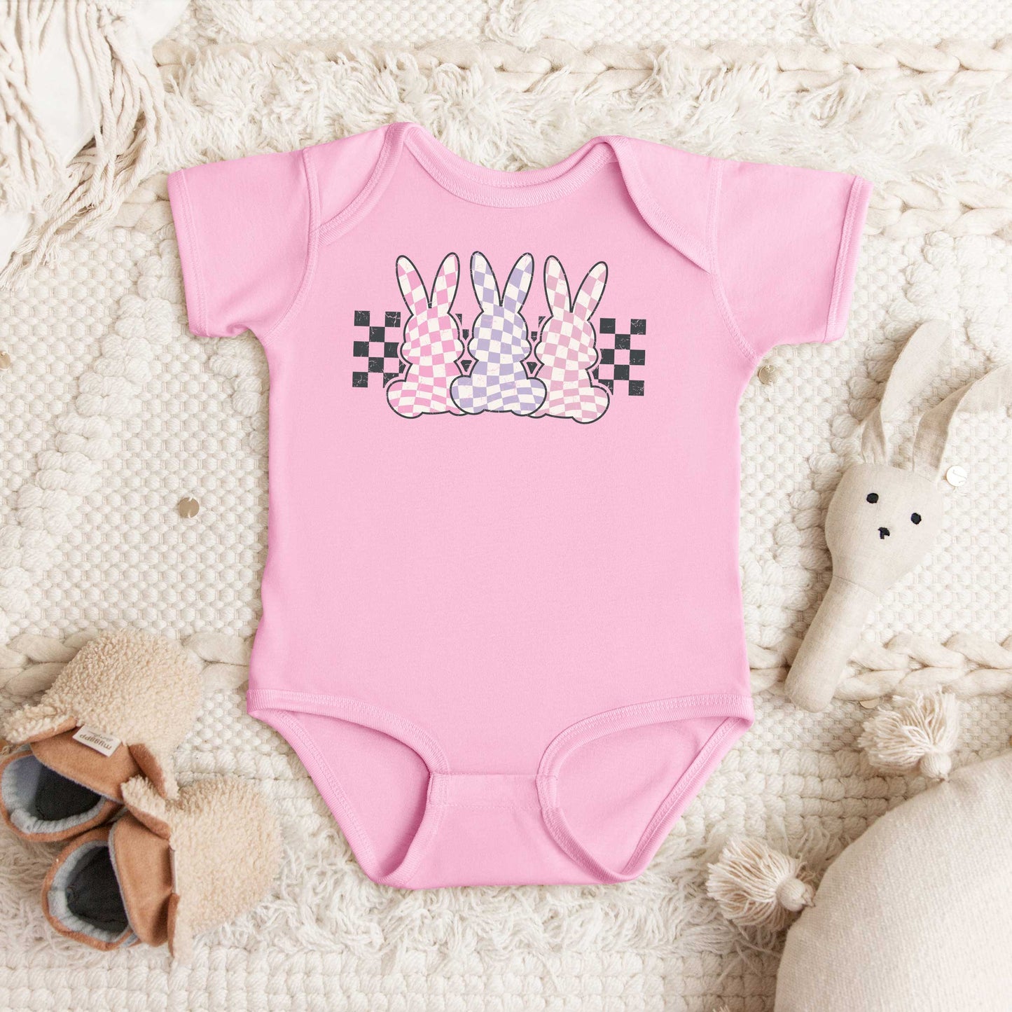 Checkered Triple Bunnies | Baby Graphic Short Sleeve Onesie