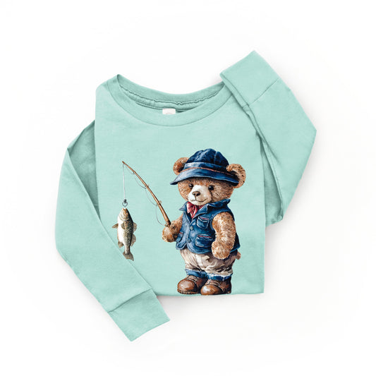 Teddy Bear Fisherman | Toddler Graphic Long Sleeve Tee
