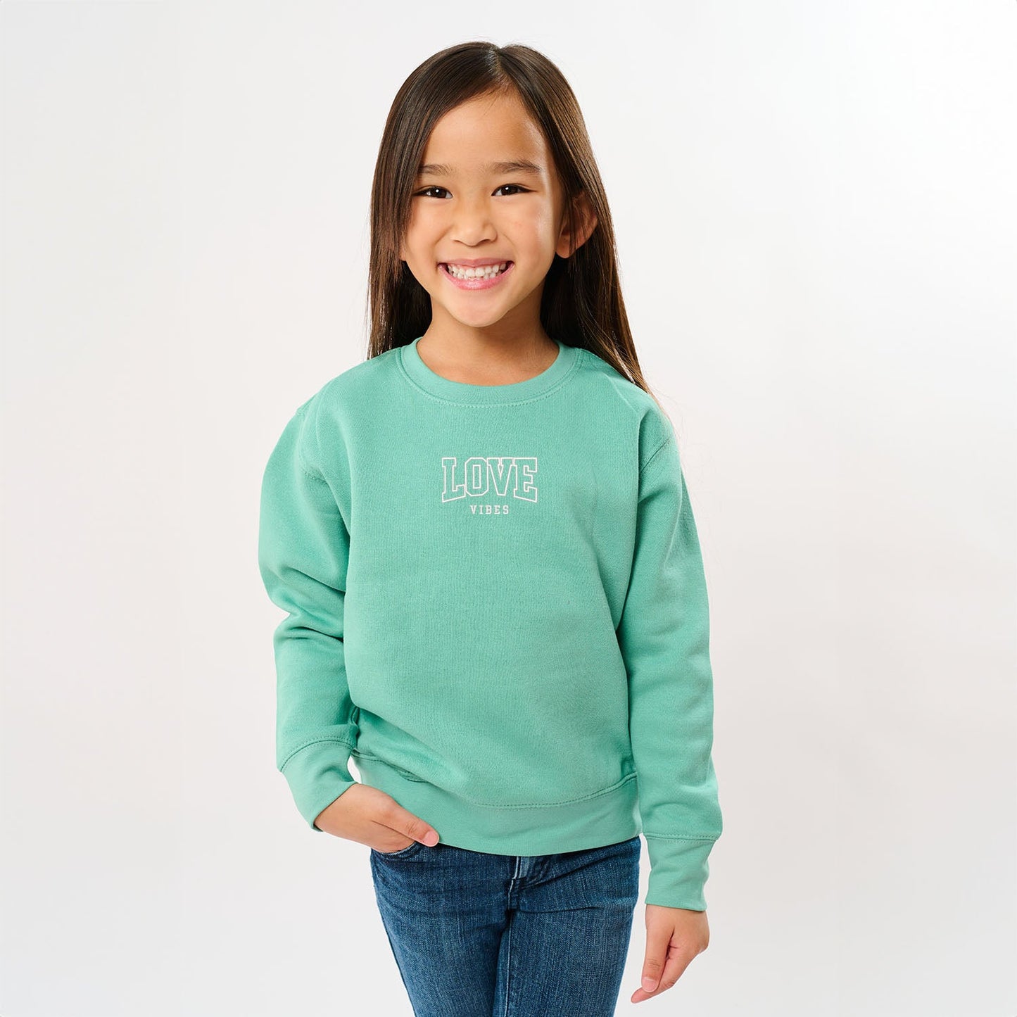 Embroidered Varsity Love Vibes | Youth Ultra-Soft Graphic Sweatshirt