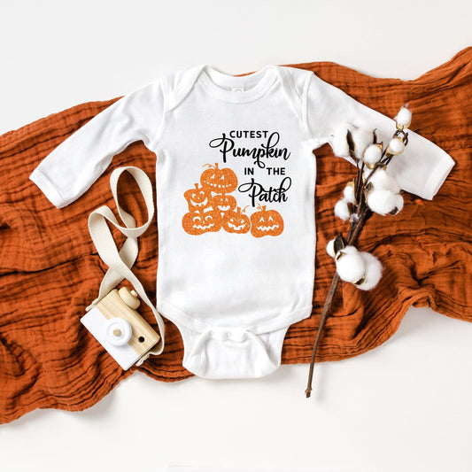 Cutest Pumpkin In The Patch Glitter | Baby Graphic Long Sleeve Onesie
