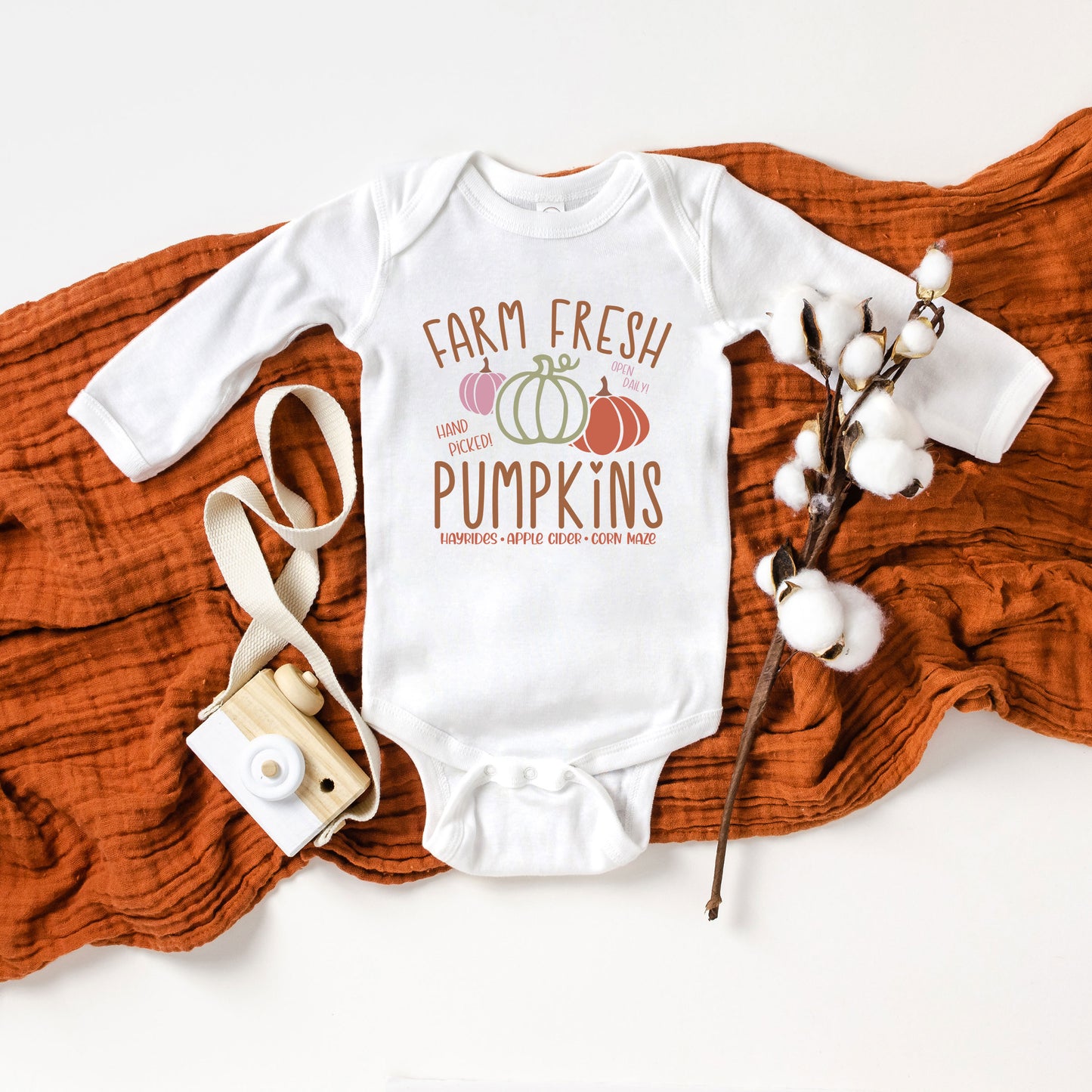 Colorful Farm Fresh Pumpkins | Baby Graphic Long Sleeve Onesie
