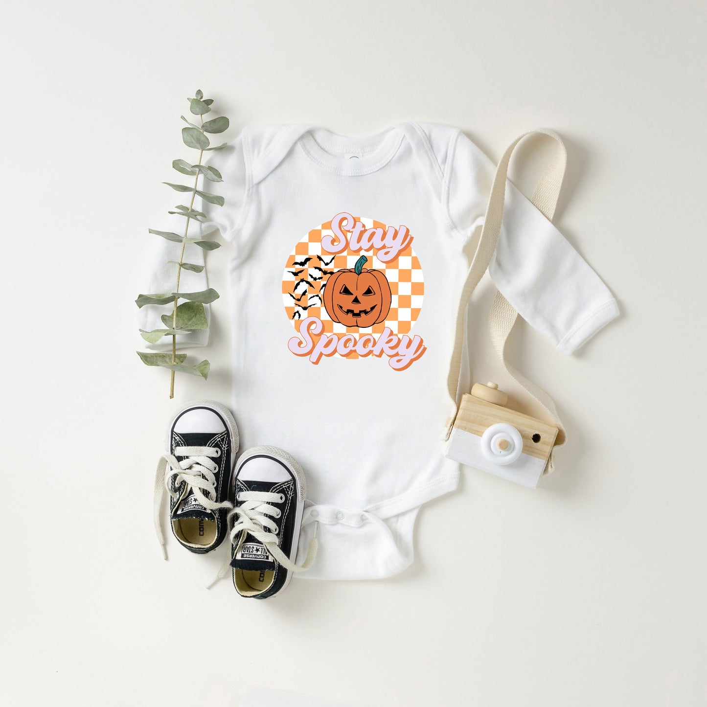 Stay Spooky Bats Checkered | Baby Graphic Long Sleeve Onesie