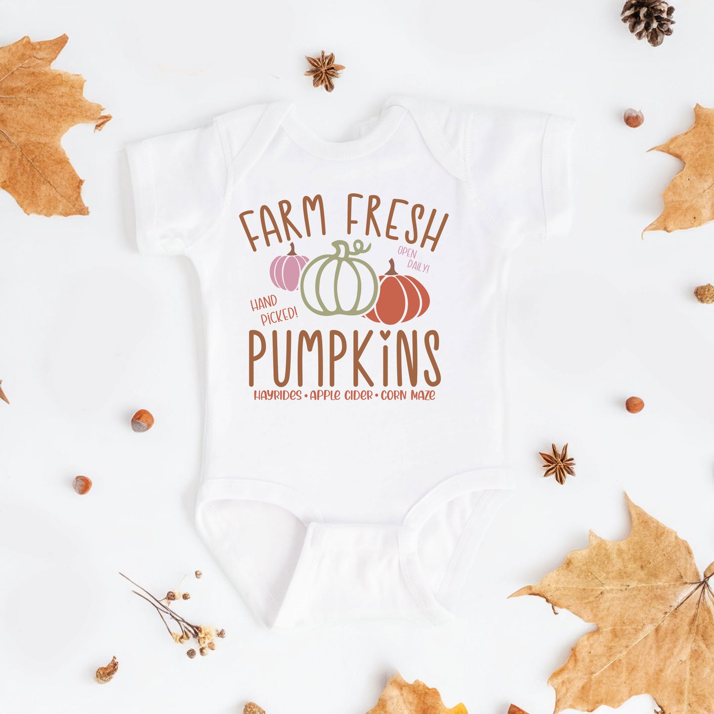 Colorful Farm Fresh Pumpkins | Baby Graphic Short Sleeve Onesie