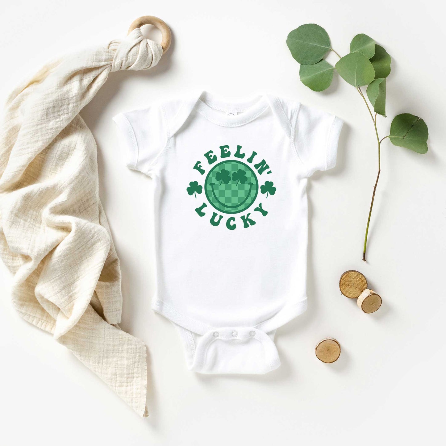 Feelin' Lucky Checkered Smiley Face | Baby Graphic Short Sleeve Onesie