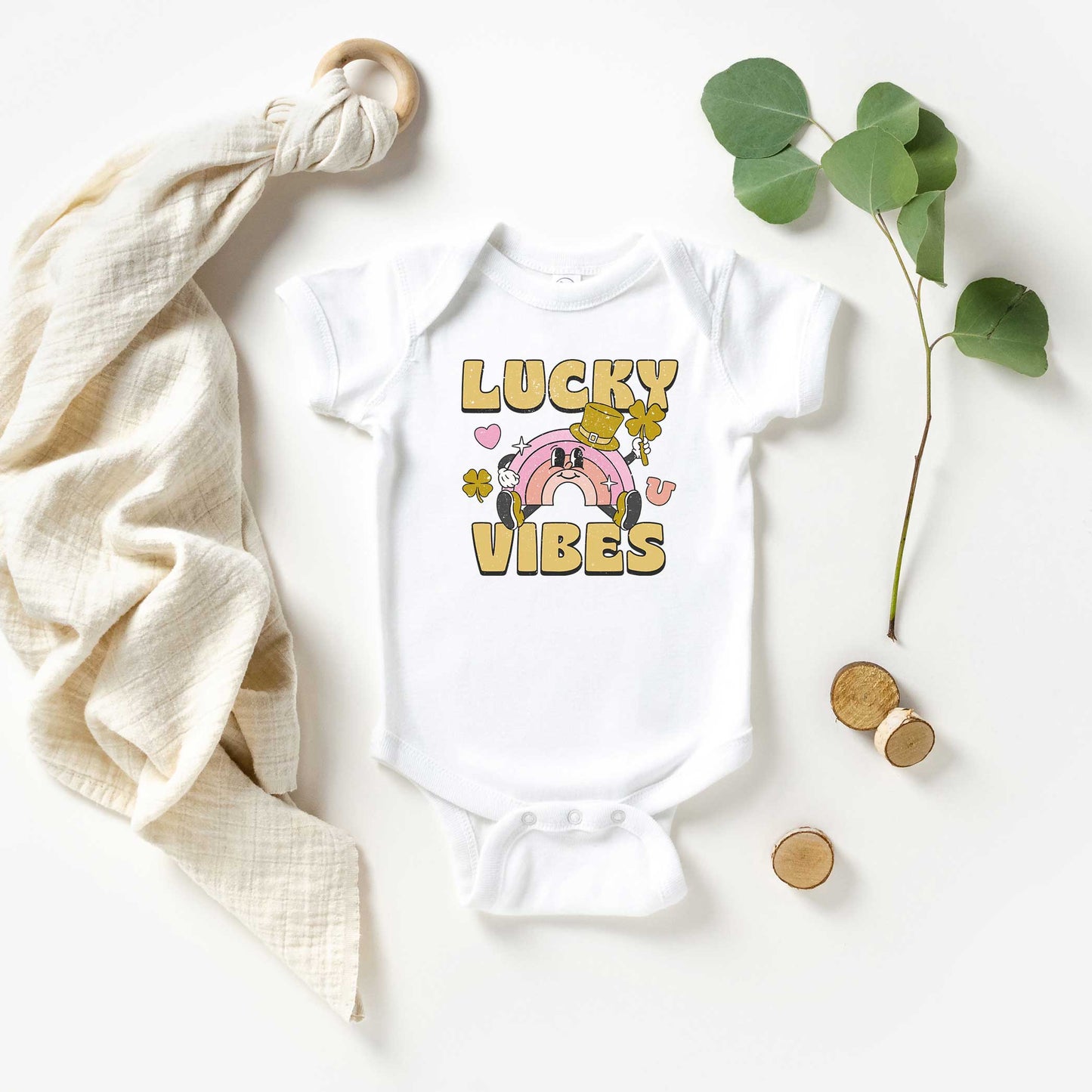 Lucky Vibes Cartoon Rainbow | Baby Graphic Short Sleeve Onesie