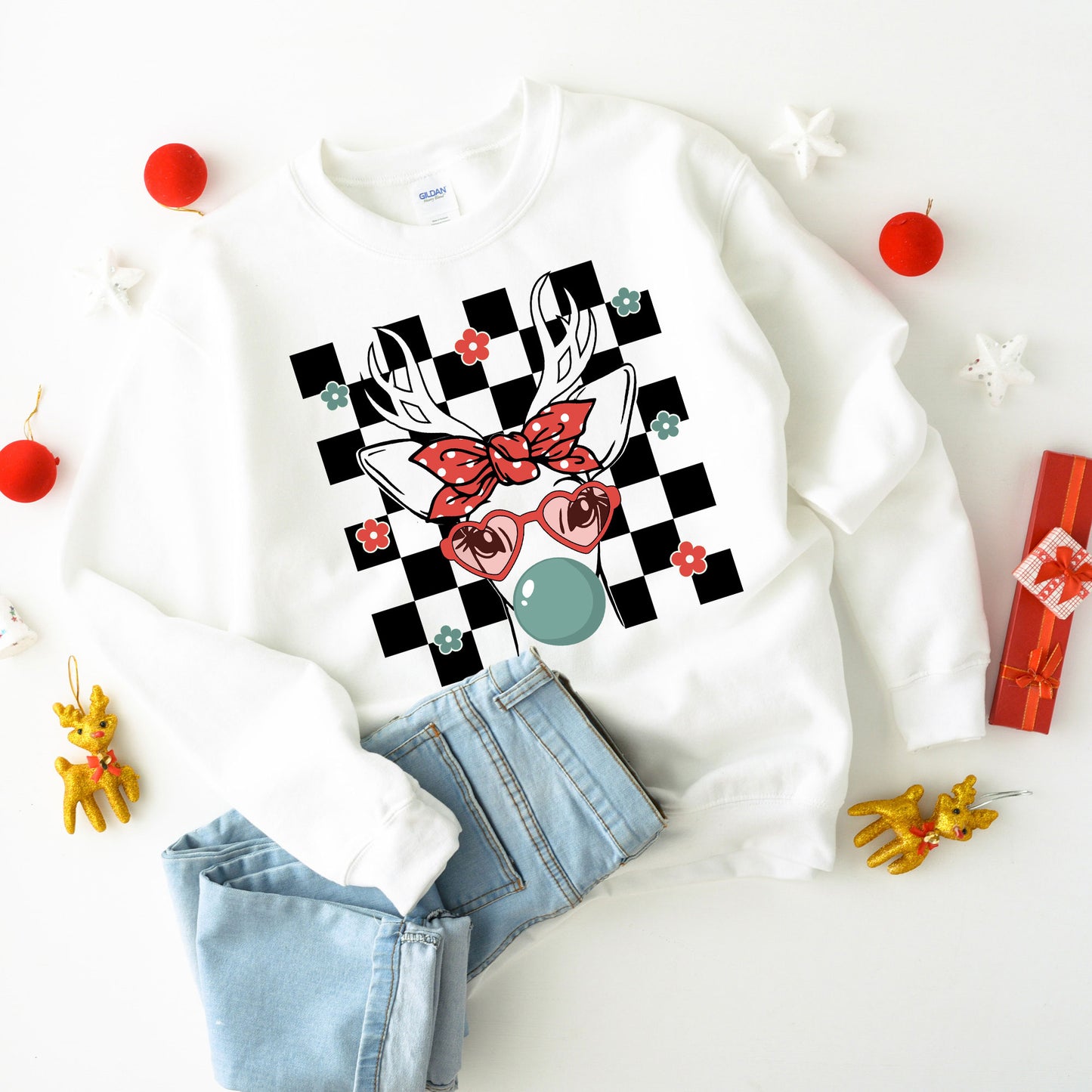 Checkered Reindeer | Youth Graphic Sweatshirt