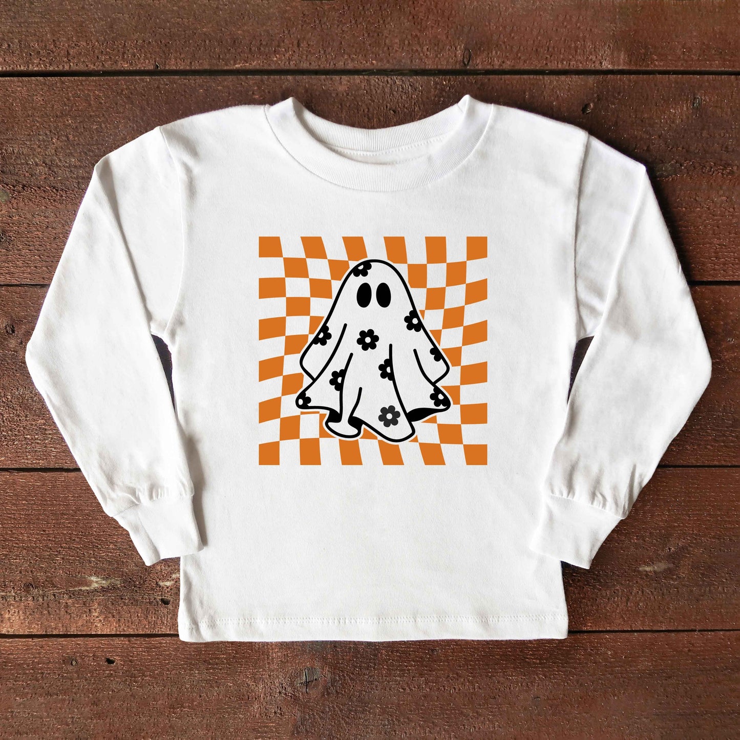 Checkered Flower Ghost | Toddler Graphic Long Sleeve Tee