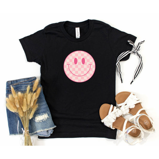Pink Checker Smiley Face | Youth Short Sleeve Crew Neck