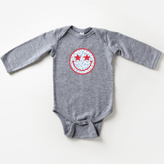 Leopard Patriotic Smiley Face | Baby Long Sleeve Onesie