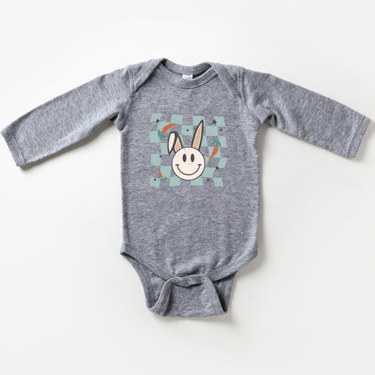 Checkered Smiley Easter Bunny | Baby Long Sleeve Onesie