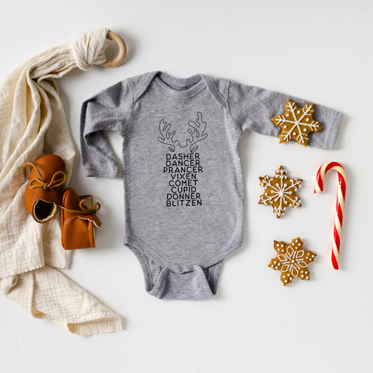 Reindeer Names Antlers | Baby Long Sleeve Onesie