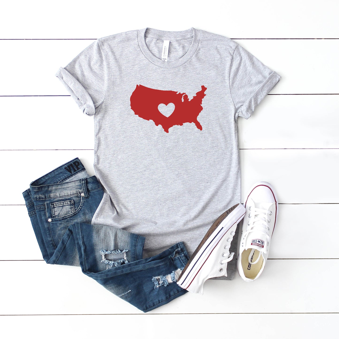 USA Heart Outline | Youth Short Sleeve Crew Neck