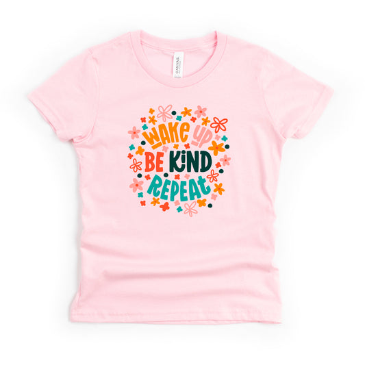 Wake Up Be Kind Repeat Floral | Youth Short Sleeve Crew Neck
