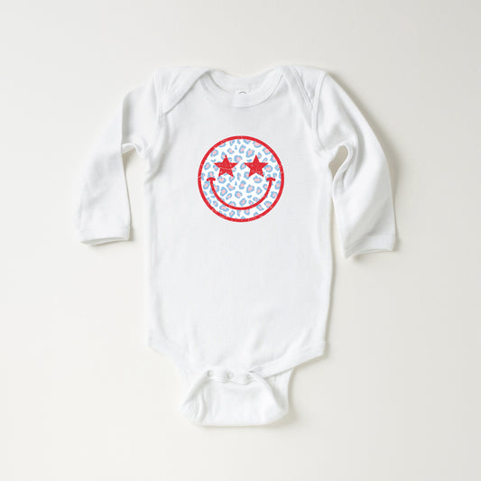 Leopard Patriotic Smiley Face | Baby Long Sleeve Onesie