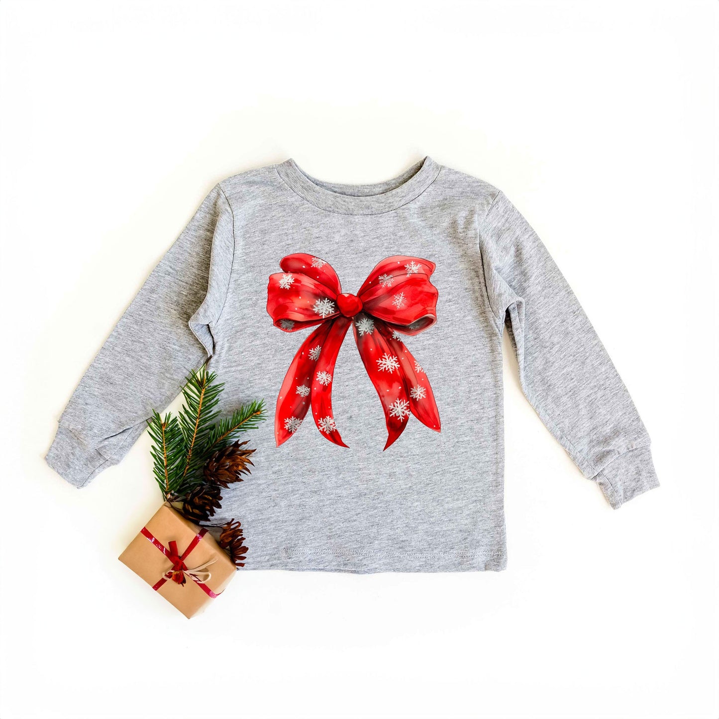 Coquette Christmas Snowflake Bow | Toddler Graphic Long Sleeve Tee
