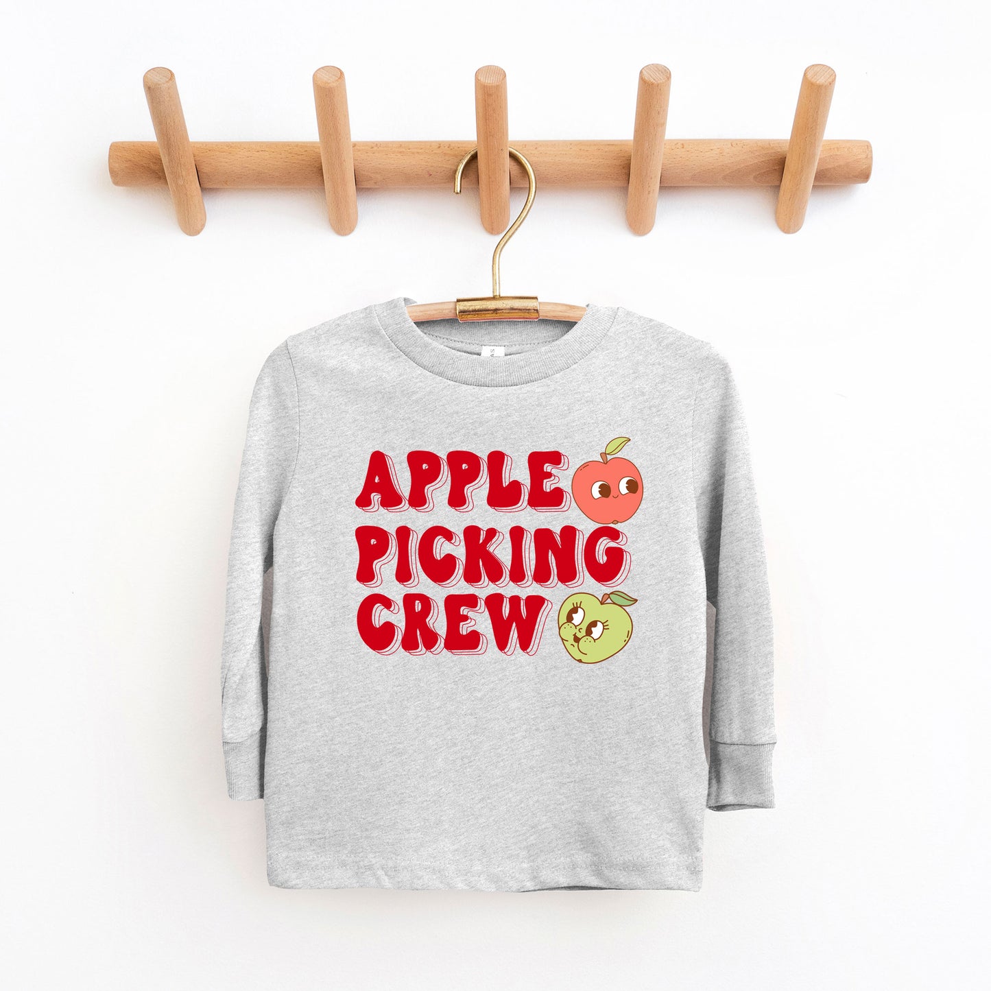 Cartoon Apple Picking Crew | Toddler Graphic Long Sleeve Tee