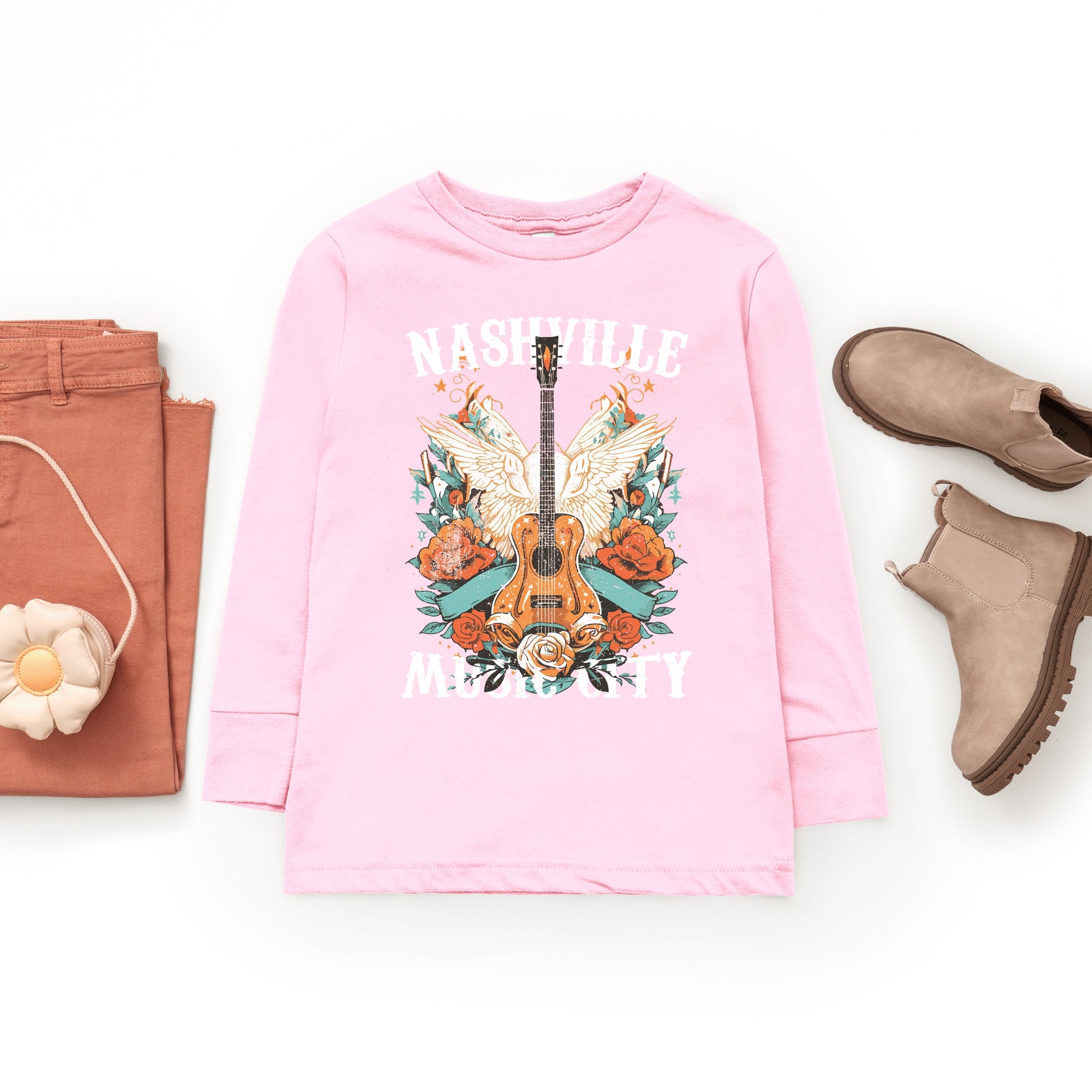 Nashville Music City Guitar Grunge - Youth Long Sleeve Graphic T-Shirt