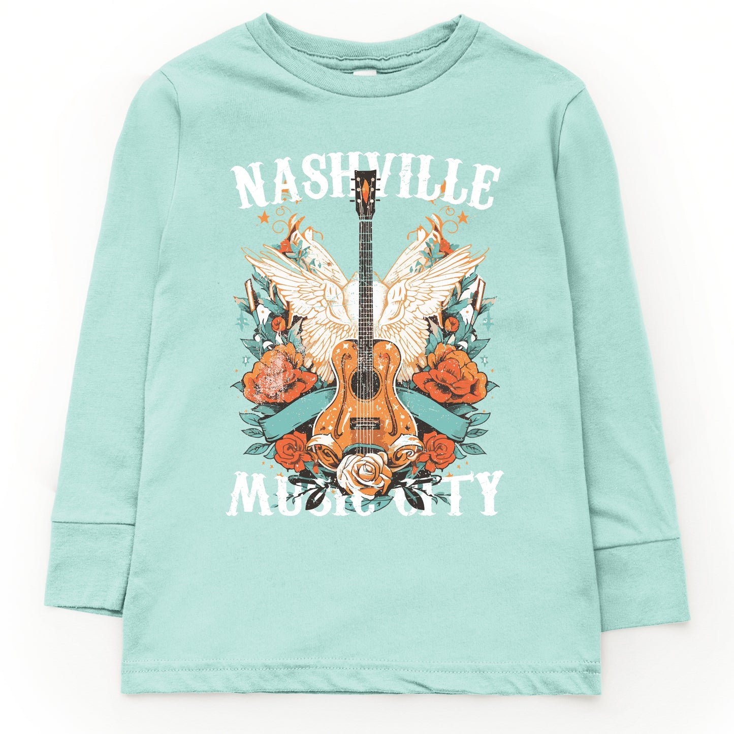 Nashville Music City Guitar Grunge - Youth Long Sleeve Graphic T-Shirt