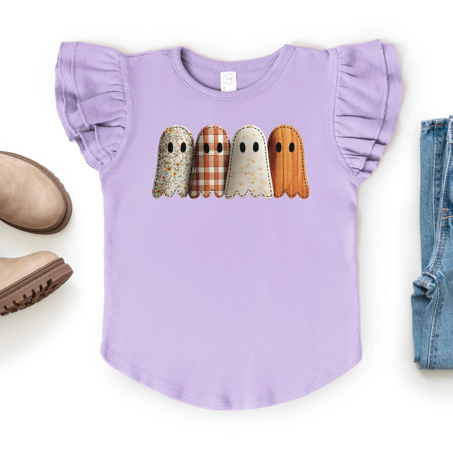 Four Ghosts Shadow Quilted Printed - Flutter Sleeve Graphic T-Shirt