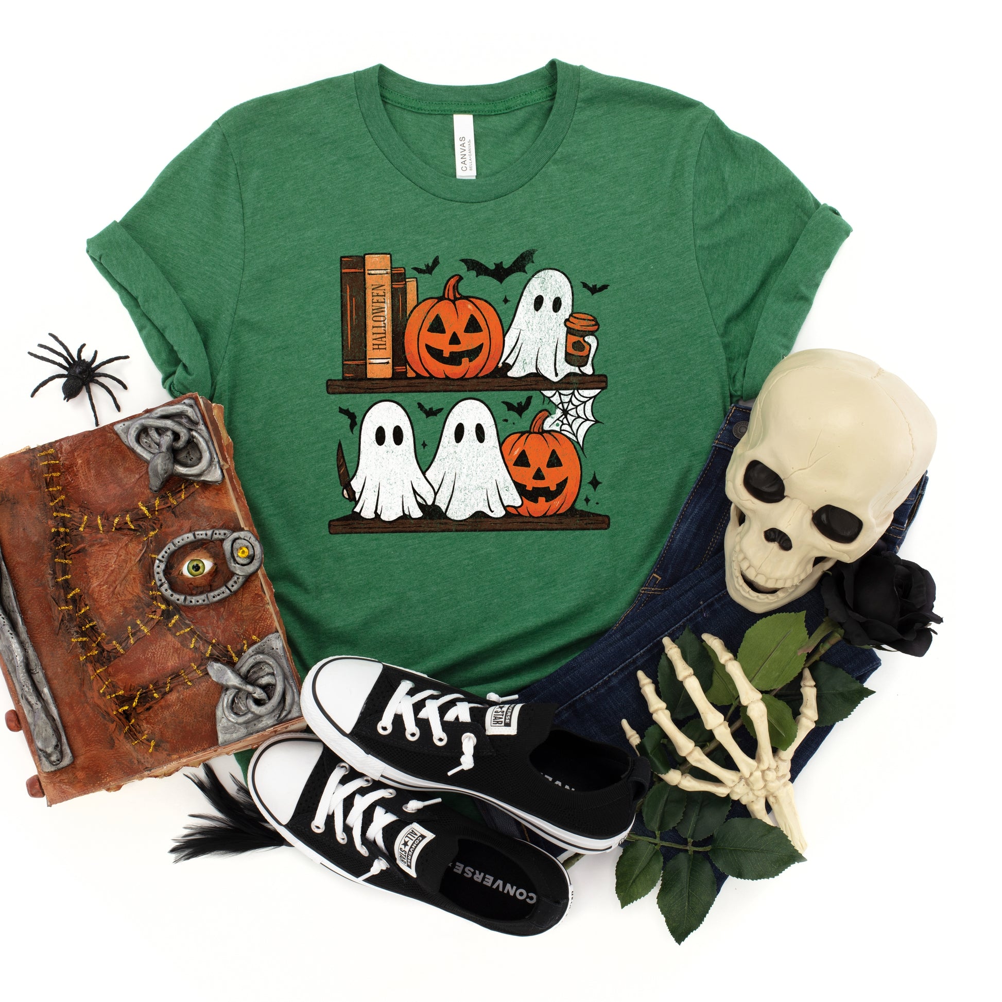 Halloween Bookshelf Ghosts - Youth Short Sleeve Graphic T-Shirt and Toddler Short Sleeve Graphic T-Shirt