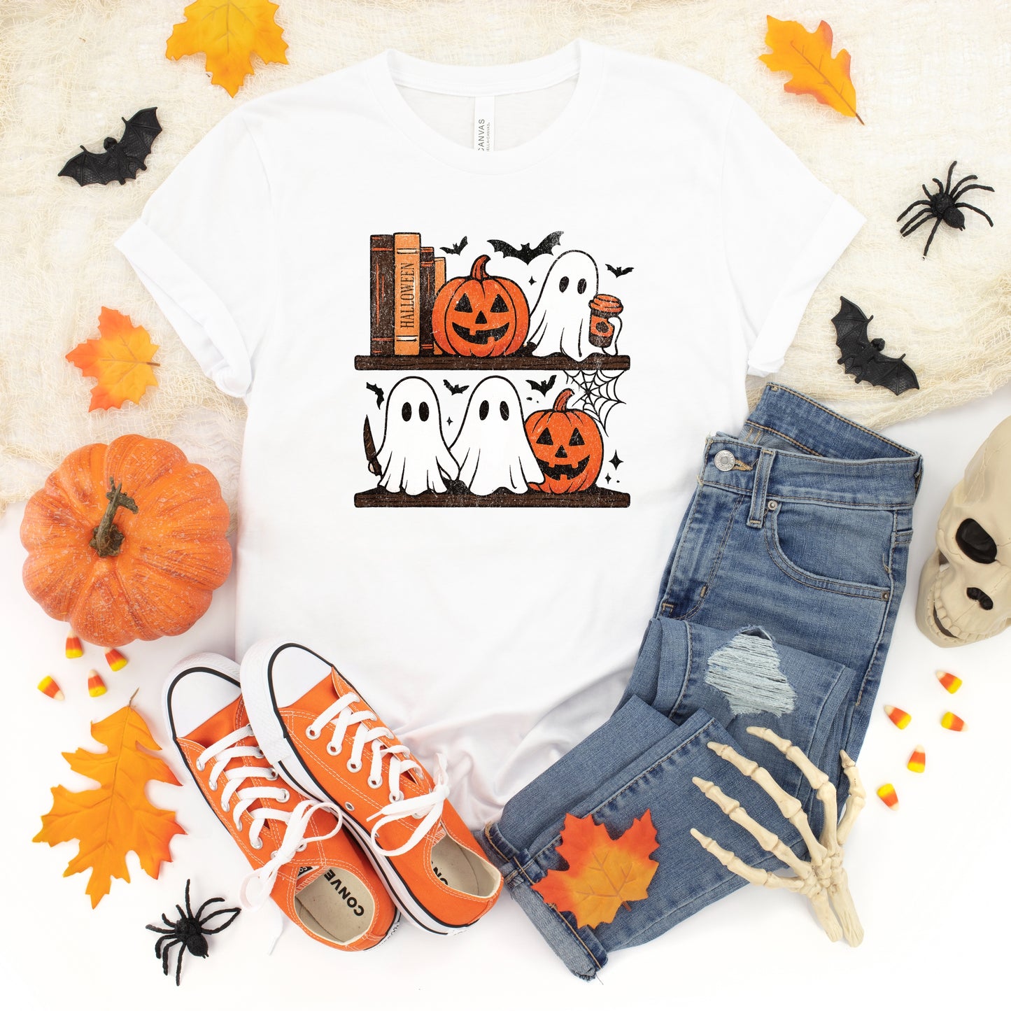Halloween Bookshelf Ghosts - Youth Short Sleeve Graphic T-Shirt and Toddler Short Sleeve Graphic T-Shirt