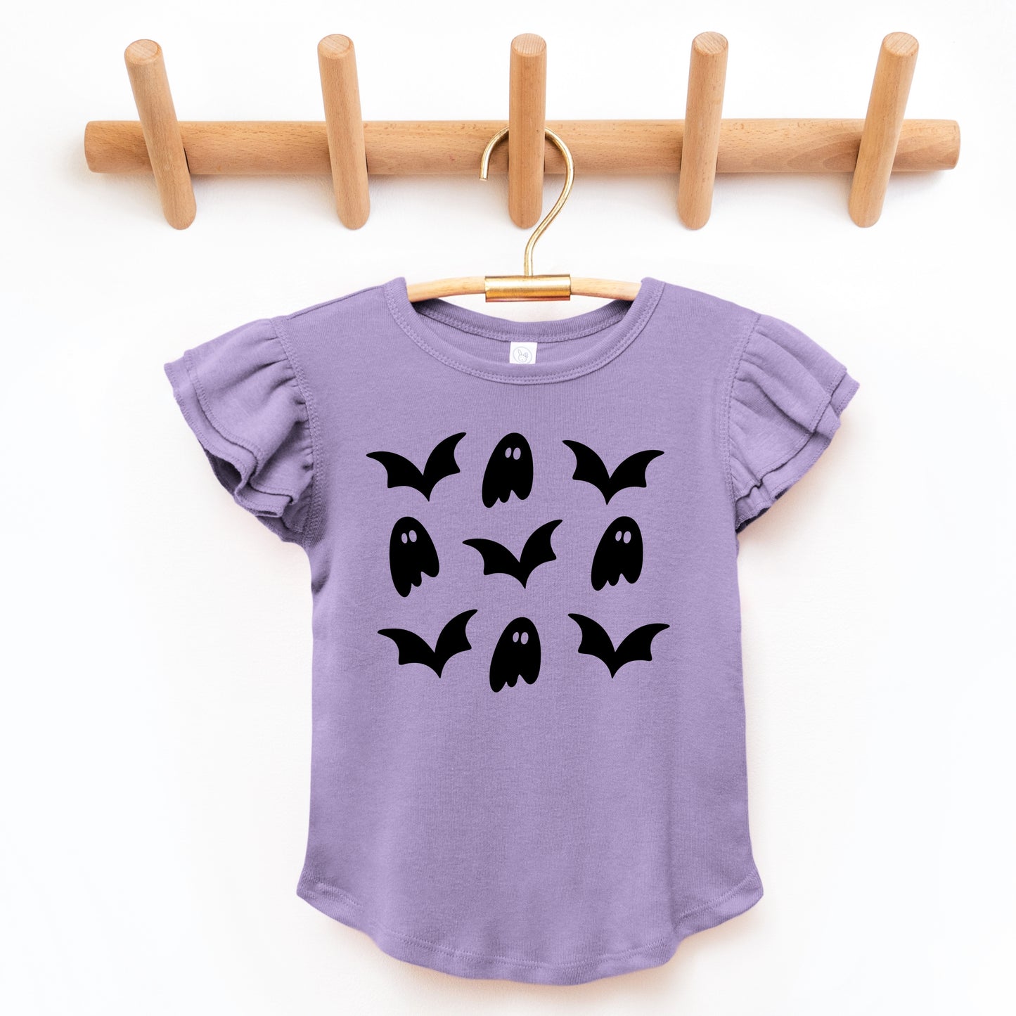 Ghosts and Bats Stacked - Kids Flutter Sleeve Tee