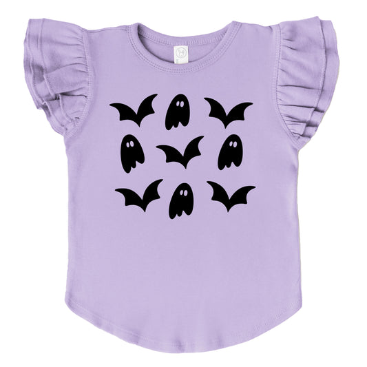 Ghosts and Bats Stacked - Kids Flutter Sleeve Tee