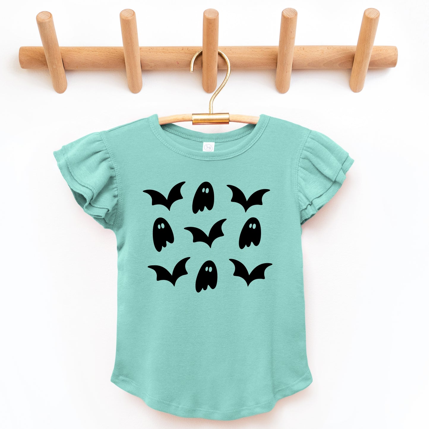 Ghosts and Bats Stacked - Kids Flutter Sleeve Tee