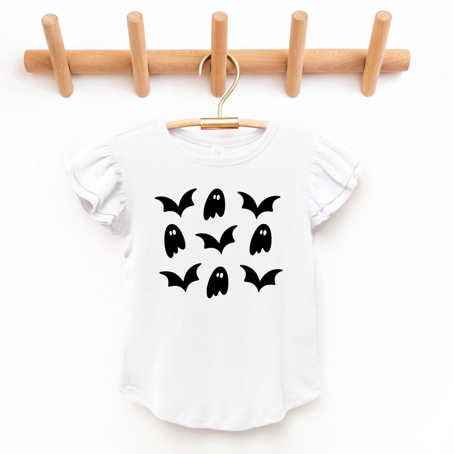 Ghosts and Bats Stacked - Kids Flutter Sleeve Tee