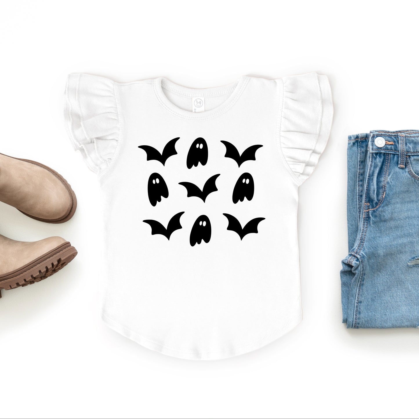 Ghosts and Bats Stacked - Kids Flutter Sleeve Tee