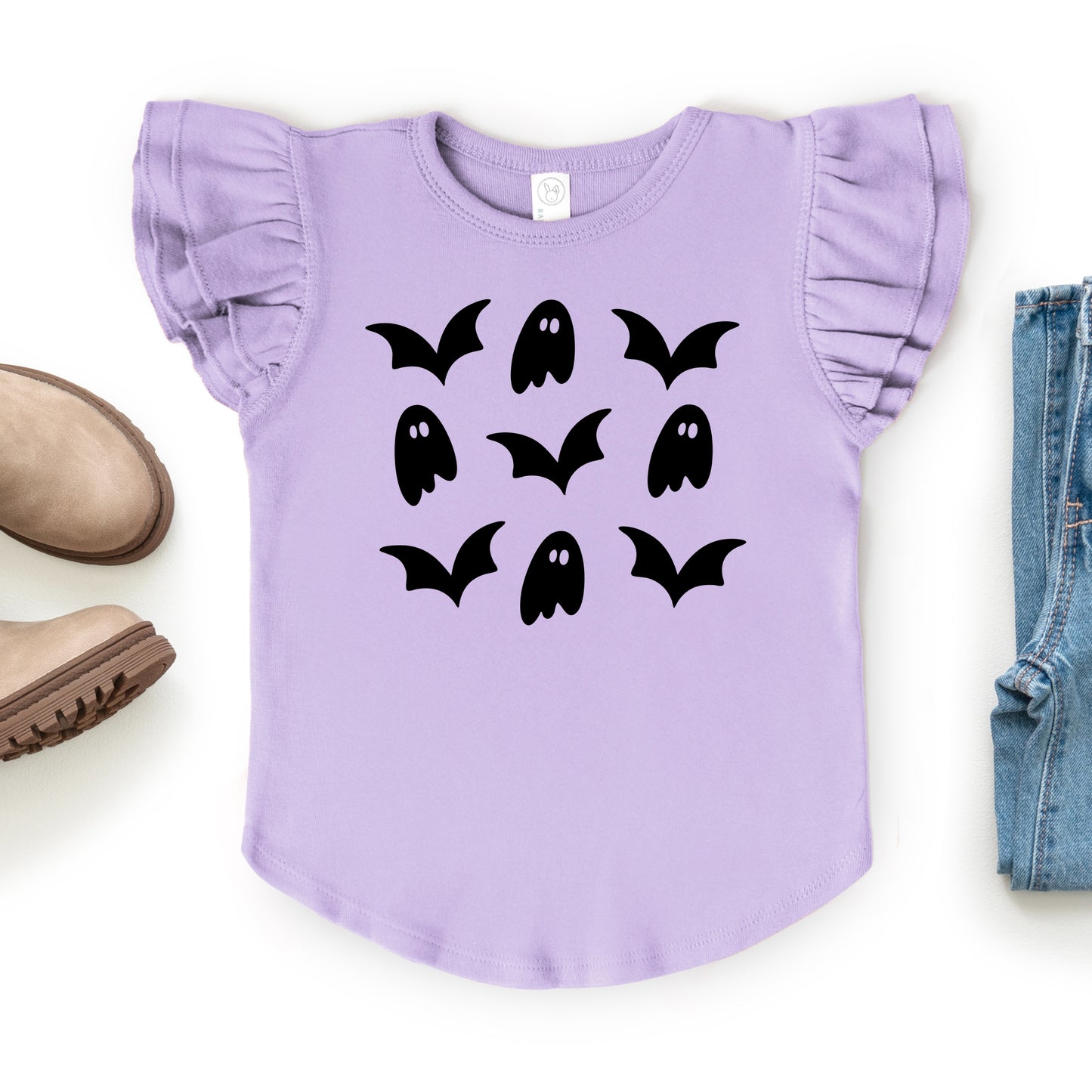 Ghosts and Bats Stacked - Kids Flutter Sleeve Tee