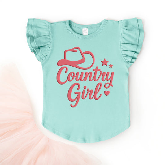 Country Girl Hat Puff Print  - Flutter Sleeve Graphic T-Shirt