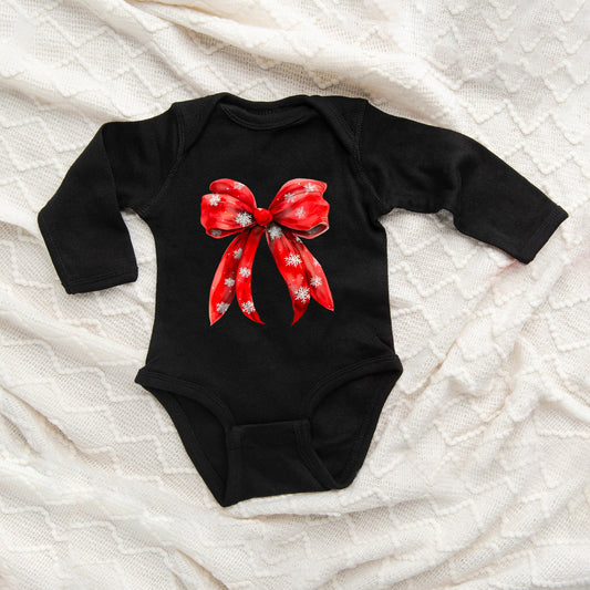 Coquette Christmas Snowflake Bow | Baby Graphic Long Sleeve Onesie