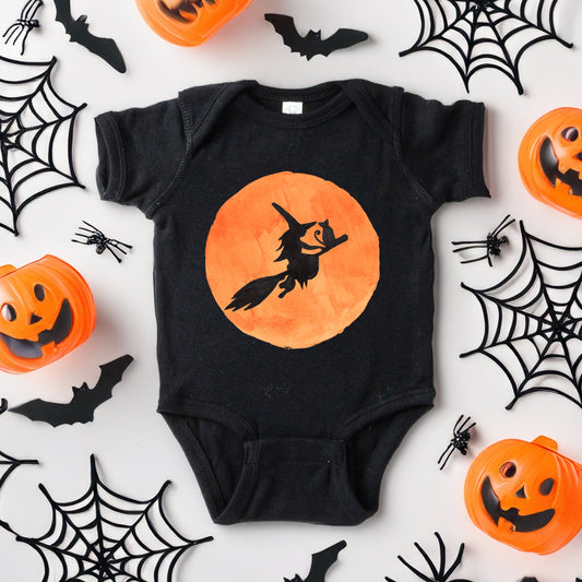 Watercolor Witch On Broom | Baby Graphic Short Sleeve Onesie